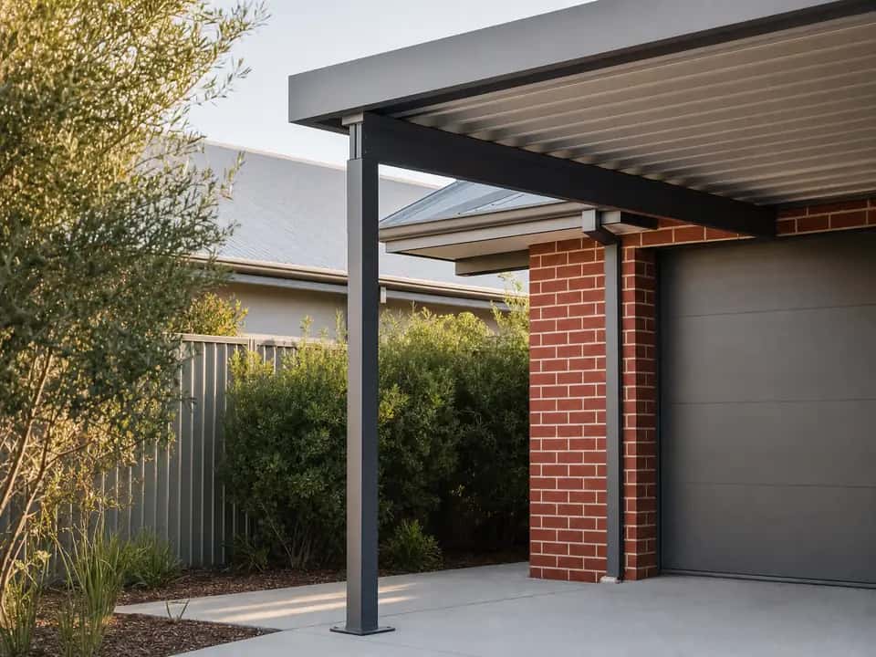 Carport post on a base plate on the driveway, holding the beam and roof