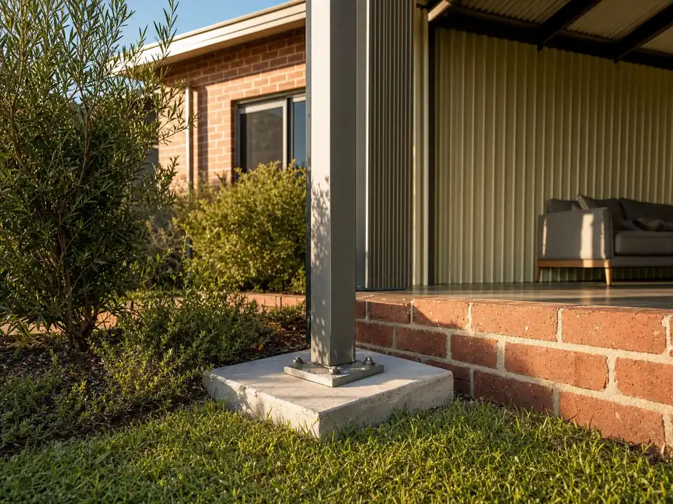 Freestanding patio post bolted to a base plate on a concrete footing