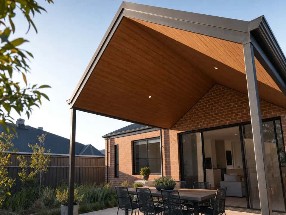 Lined alfresco ceiling under the main roofline of a home