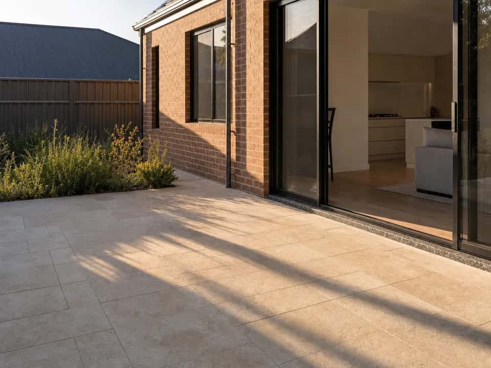 Pale pavers under an alfresco meeting the sliding door