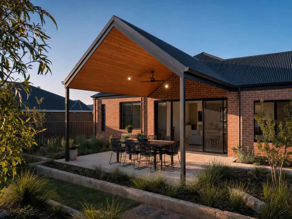Alfresco at dusk with downlights and a ceiling fan