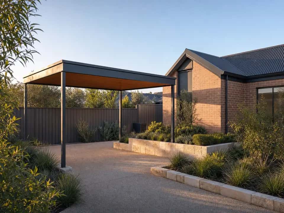 Freestanding carport on its own posts at the end of a driveway