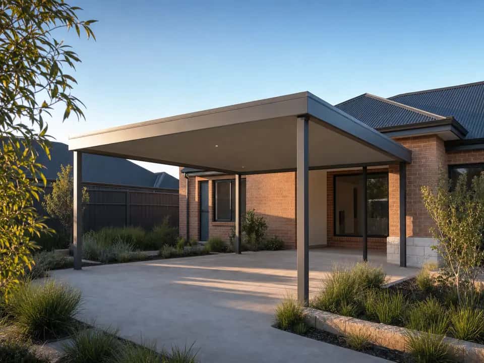 Double carport over a wide concrete driveway