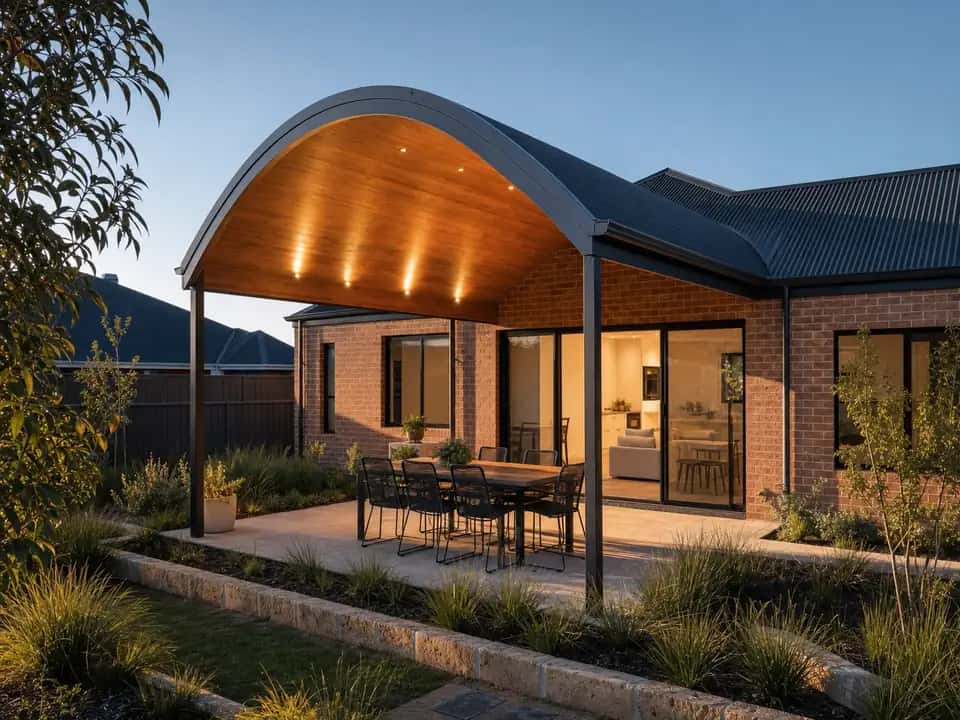 Dome patio at dusk lit along its curved roof