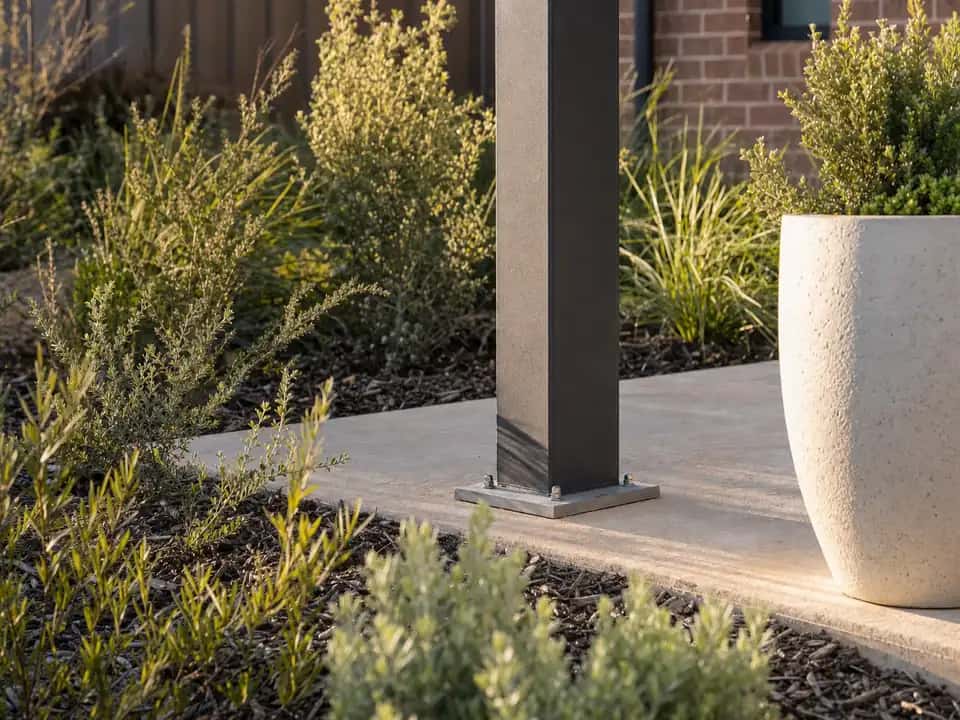 Patio post base plate bolted to a concrete footing