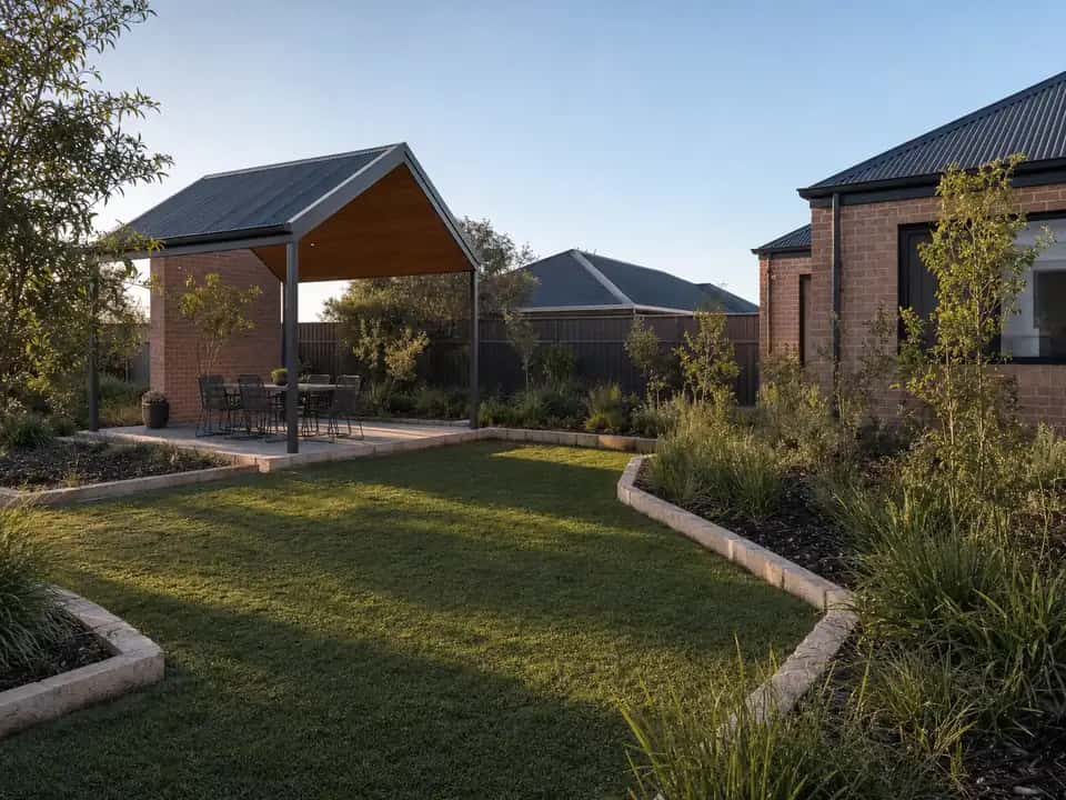 Freestanding patio in the back corner of a garden