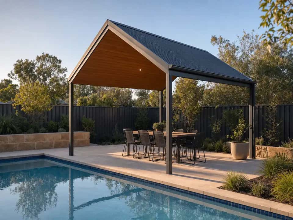 Freestanding gable roof patio beside a pool