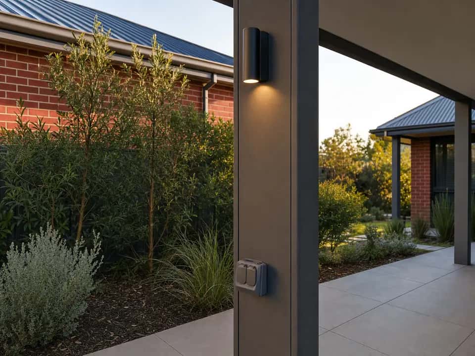 Outdoor power point and light fitted to a patio post