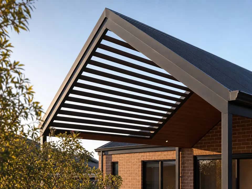 Gable end of a patio roof infilled with horizontal battens