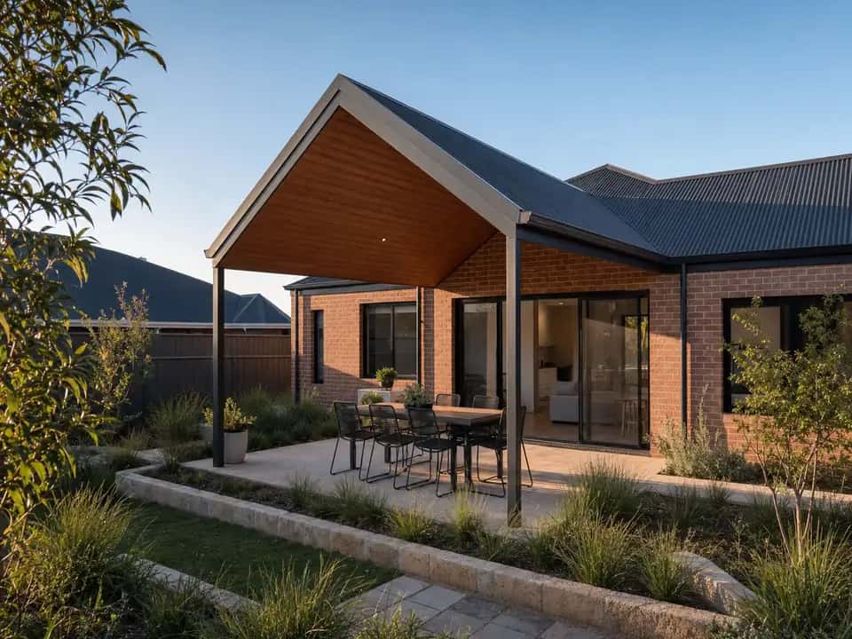 Gable patio roof pitched to match the slope of the brick house roof