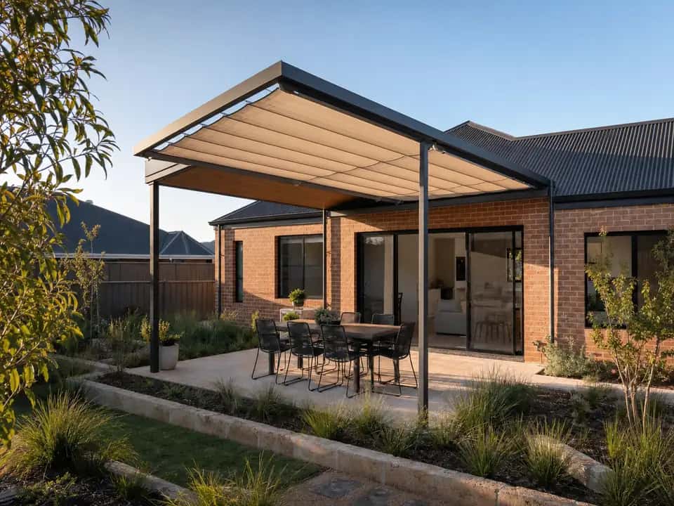 Pergola with shade cloth fitted over the battens