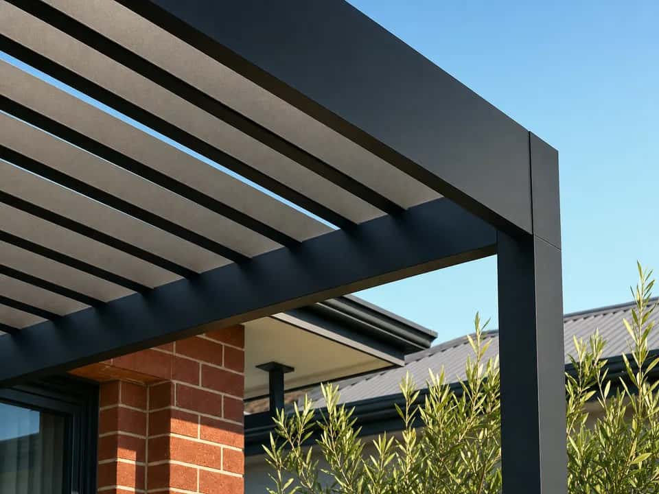 Charcoal powder coated pergola beams and battens