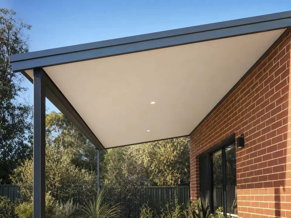 Underside of an insulated panel skillion patio roof