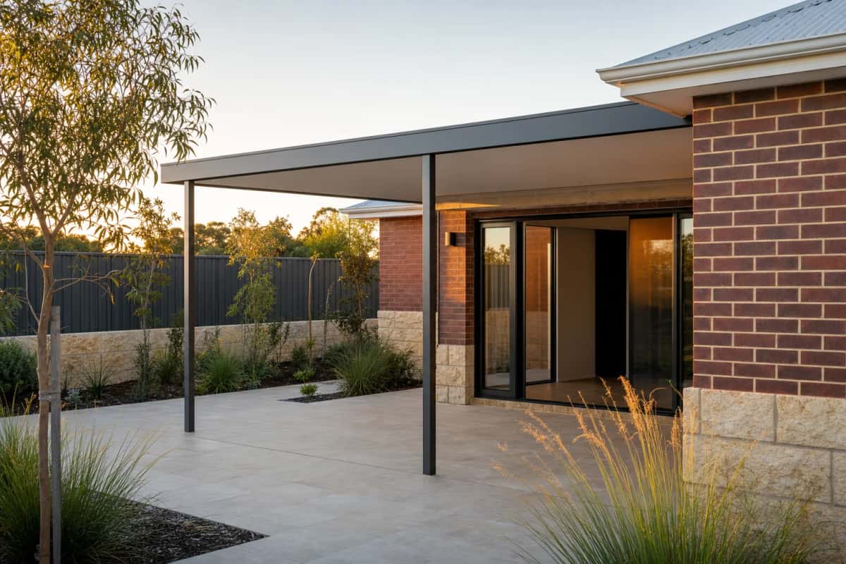 Low profile flat roof patio sitting under a house eave