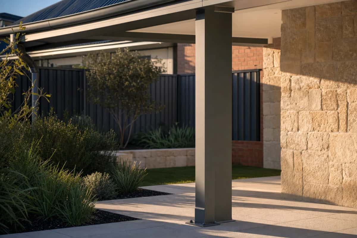 Patio post meeting the paving on a galvanised base plate, Colorbond fascia above