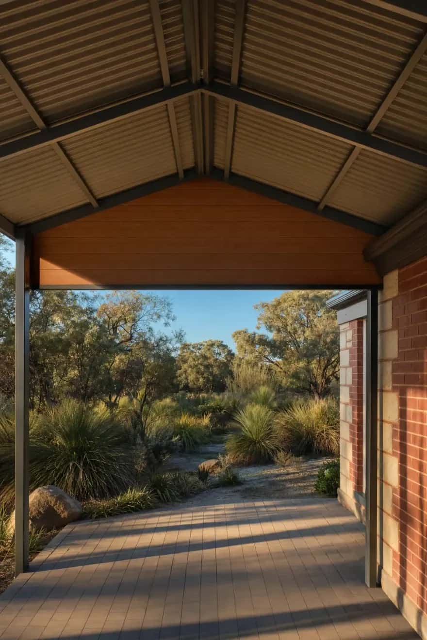 Looking out from under a gable patio roof to a native garden, late afternoon sun raking across the paving