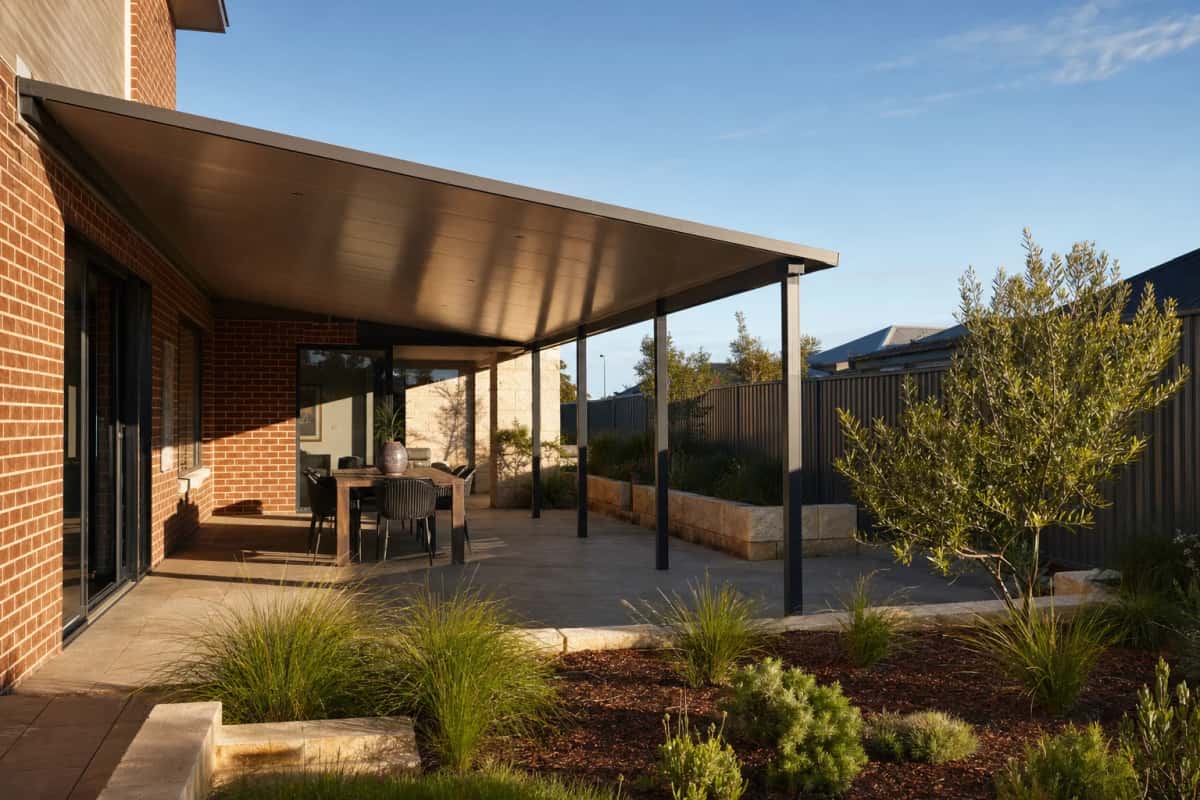 Skillion patio roof, one clean slope from the house wall down to the outer edge